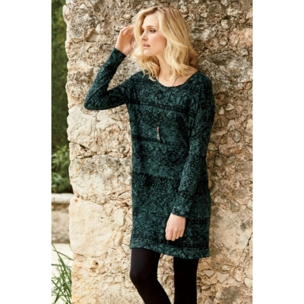 Peruvian Connection Shift Dress Mini Long Sleeve Floral Green Cotton Size Medium